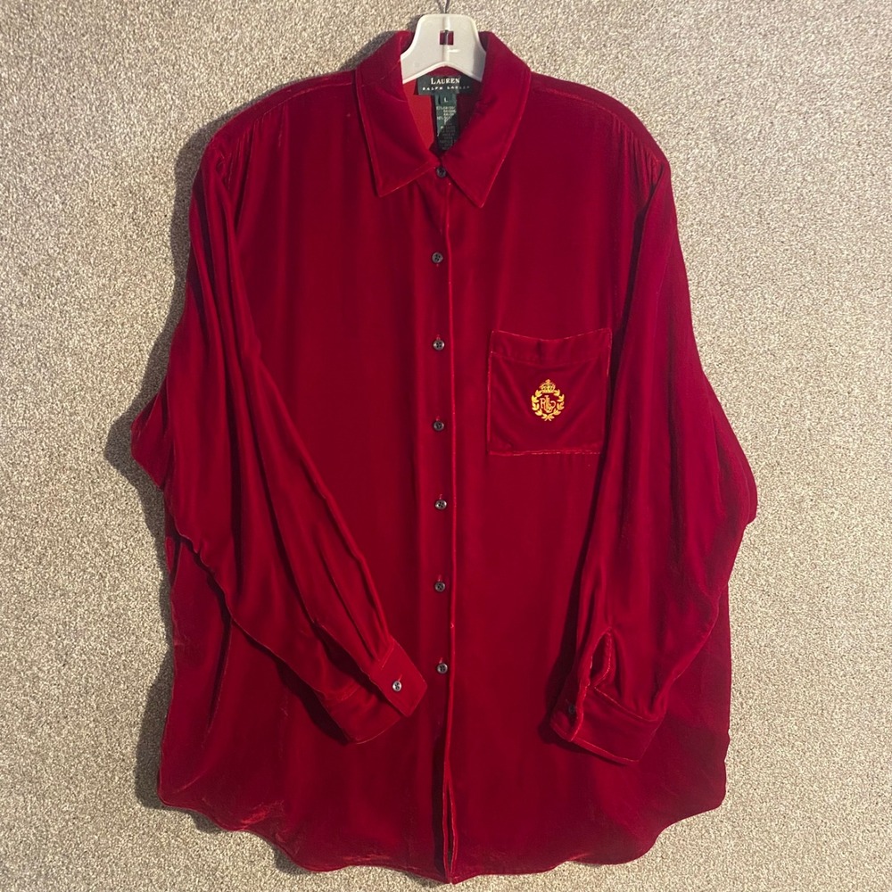 Lauren‎ Ralph Lauren Rayon Silk Shirt Womens Large Red Silk Blend Crest